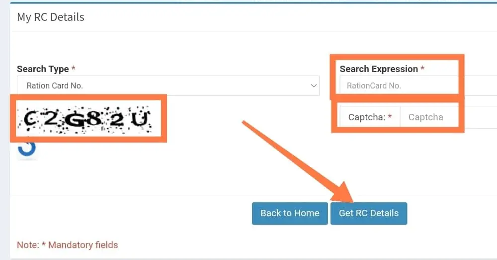 type ration card number and captcha