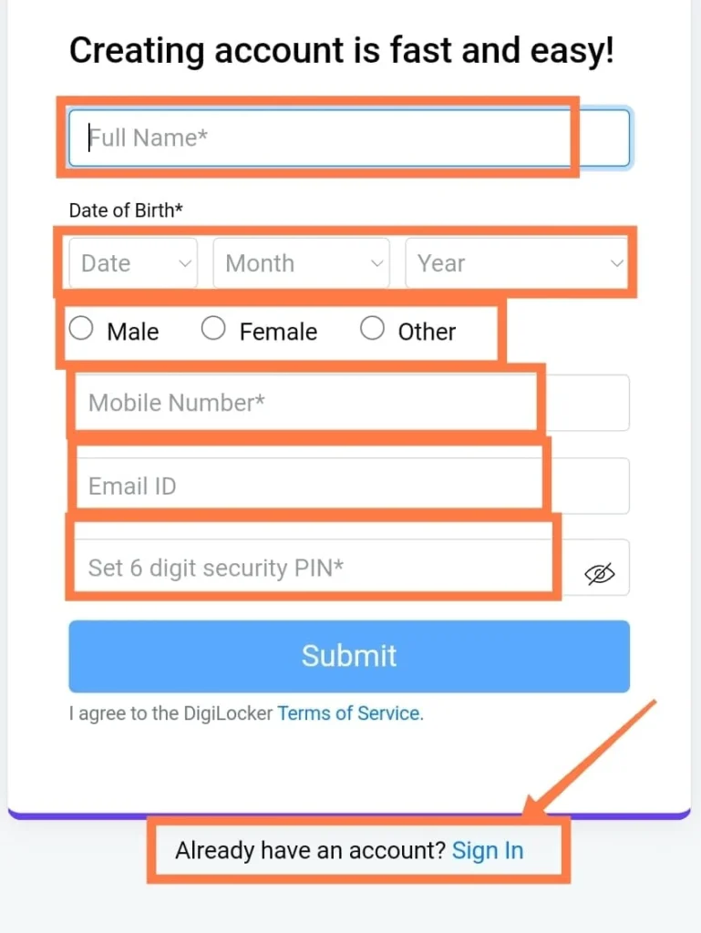 digilocker sign up form new user