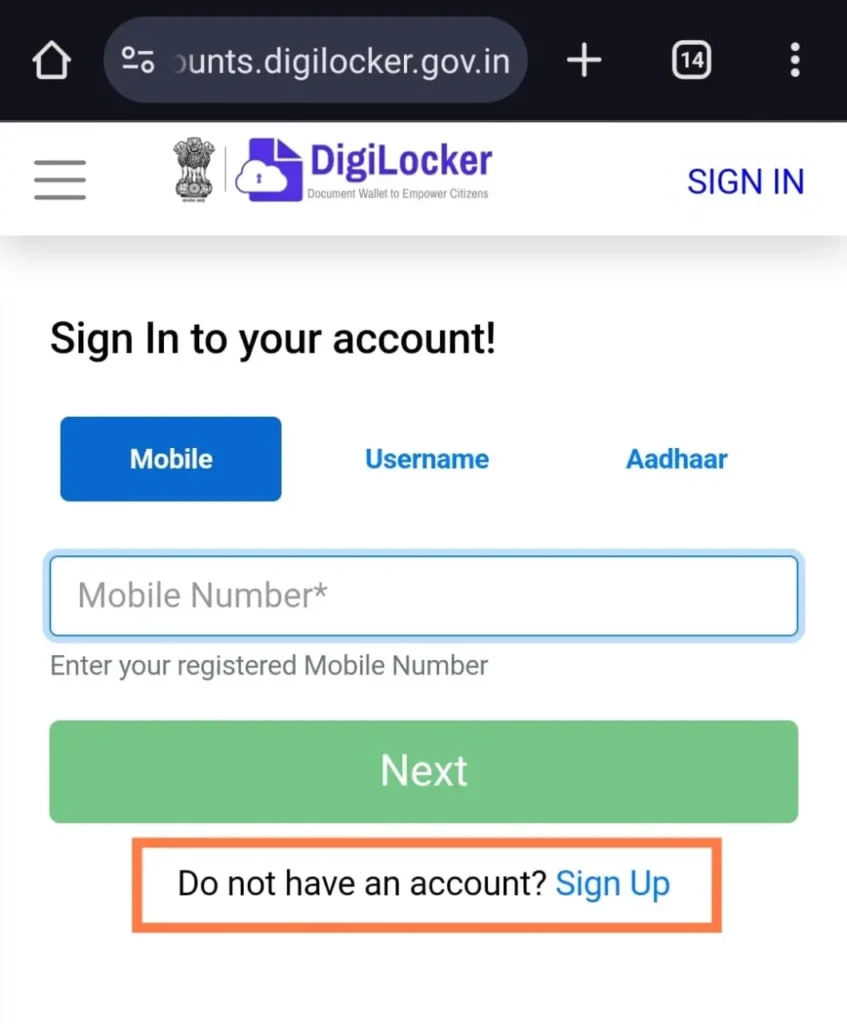 digilocker sign up option