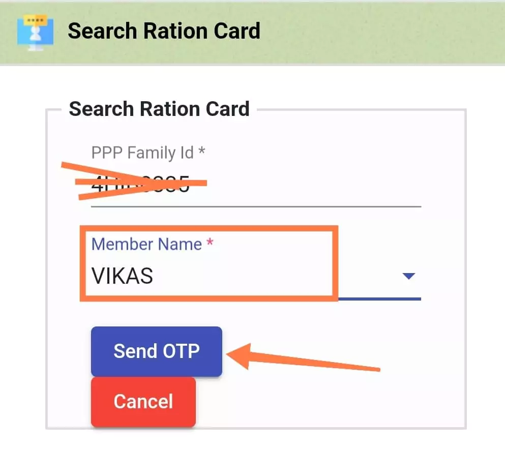 haryana ration card download form select name and click send otp