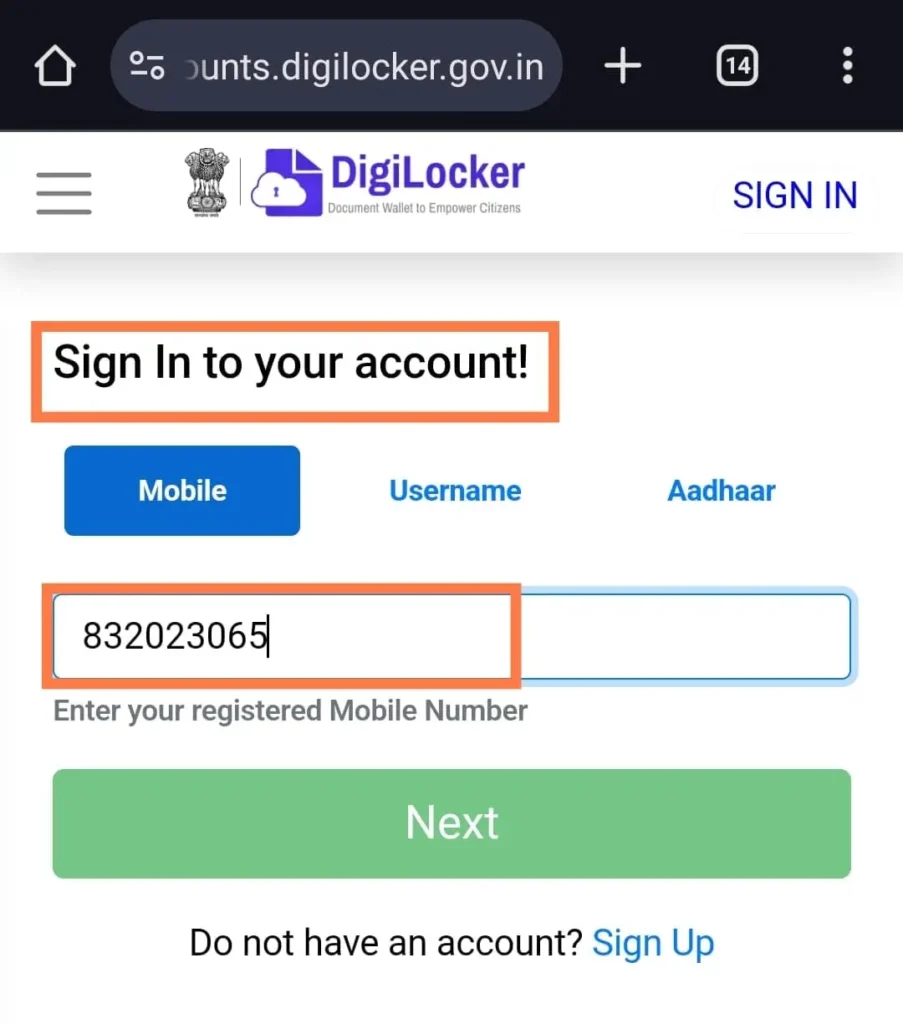 sign in digilocker with mobile number